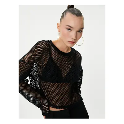 Koton Crop Mesh T-Shirt Long Sleeve Crew Neck