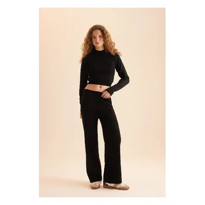 DEFACTO Stand Collar Long Sleeve Ribbed Crop and Elastic Waist Straight Leg Basic Knitwear Botto