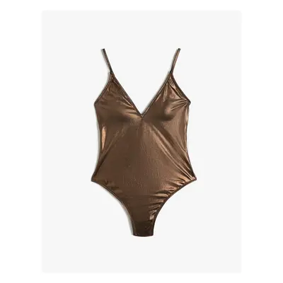 Koton V-Neck Swimsuit with Thin Straps Glossy Coated