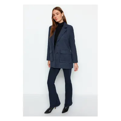 Trendyol Navy Blue Oversize széles szabású halszálkás mintás bélyegkabát