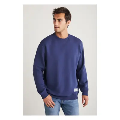 GRIMELANGE Travis Men's Organic Fabric Soft Regular Fit Round Neck Navy Blue Sweatshir