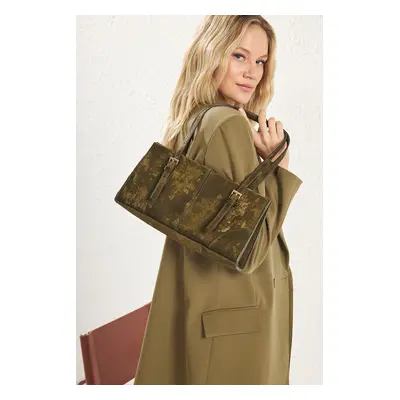 Trendyol Khaki Suede Snap Closure Women's Vintage Shoulder Bag