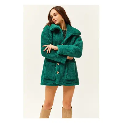 Olalook Women's Emerald Green Buttoned Pocket Unlined Oversize Plush Jacket