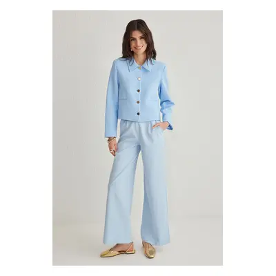 Trendyol Blue Crop Button Detail Shirt Collar Blazer Jacket