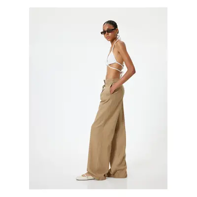 Koton Wide Leg Linen Blend Standard Waist Lace Detailed Pocket Trousers