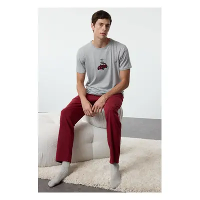 Trendyol Men's Gray - Claret Red Regular Fit Embroidered Knitted 3-Piece Pajama Set