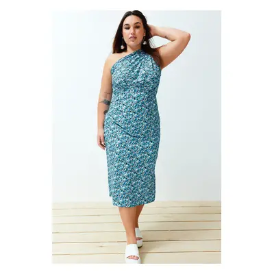 Trendyol Curve Blue Printed Bodycon One Shoulder Gathered Detail Knitted Plus Size Dress