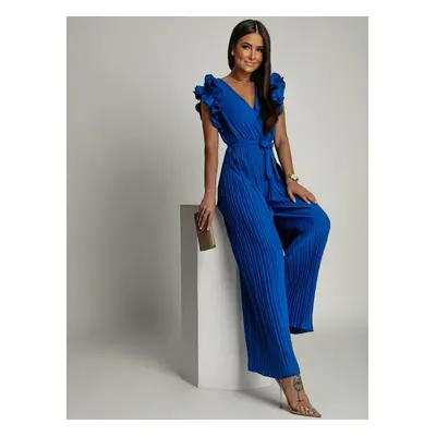 Women's pleated ruffled jumpsuit FASARDI - cornflower blue