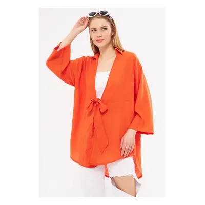 armonika Women's Orange Linen Look Front Tie Kimono Shirt