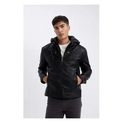 DEFACTO Water Repellent Slim Fit Slim Cut Hooded Plush Lining Zippered Pocket Faux Leather Coat