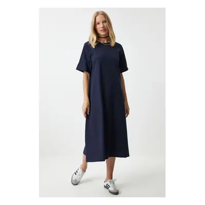 Happiness İstanbul Women's Navy Blue Crew Neck Loose Comfortable Combed Cotton Dress