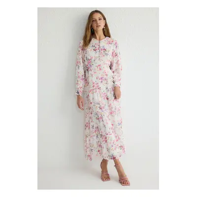 Trendyol Ecru Floral Patterned Woven Chiffon Dress