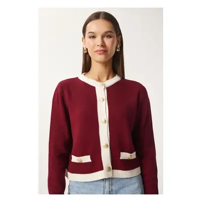 Happiness İstanbul Women's Burgundy Contrast Color Stylish Buttoned Knitwear Cardigan