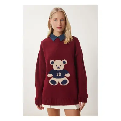 Happiness İstanbul Women's Burgundy Teddy Bear Textured Soft Knitwear Sweater