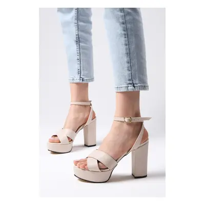 Mio Gusto Ellis Women's Beige Cross-Blaze Platform Heeled Sandals