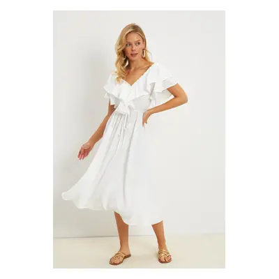 Cool & Sexy Women's White Front Back V Flounce Dress KS113