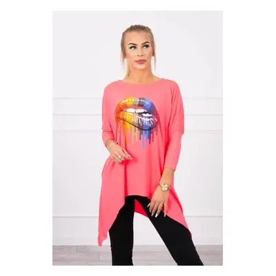 Oversize blouse with iridescent pink neon lip print