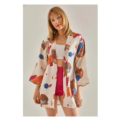 Bianco Lucci Women's Beige-Blue Multi Patterned Kimono Kimono