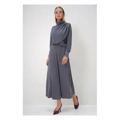 Trend Alaçatı Stili Women's Gray Half Turtleneck Asymmetric Cut Button Detailed Burgundy Fabric 