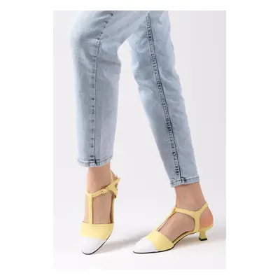 Mio Gusto Emilia Yellow White Women's Short Heeled Shoes with Open Back.