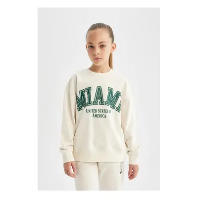 DEFACTO Girl Relax Fit Crew Neck Printed School Sweatshirt