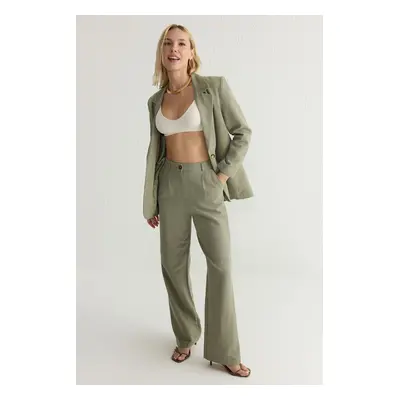 Trendyol Khaki Linen Look Elastic Back Waist Wide Leg Woven Trousers