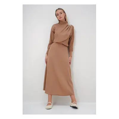 Trend Alaçatı Stili Women's Beige Half Turtleneck Asymmetric Cut Button Detailed Burgundy Fabric