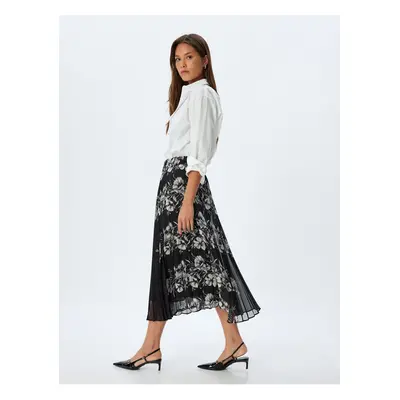 Koton Floral Pleated Skirt Midi Length Standard Waist Lined