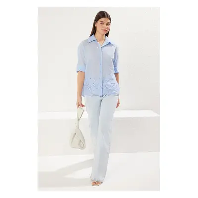 Trendyol Light Blue Collar and Hem with Embroidered Brode Detail Regular Regular Pattern Woven S