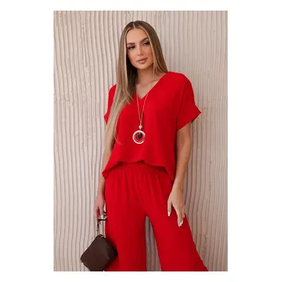 Women's summer set with necklace, blouse + trousers - red