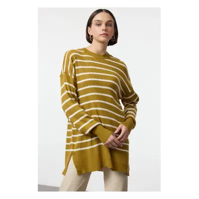 Trendyol Oil Green Striped Single Plate Knit Sweater