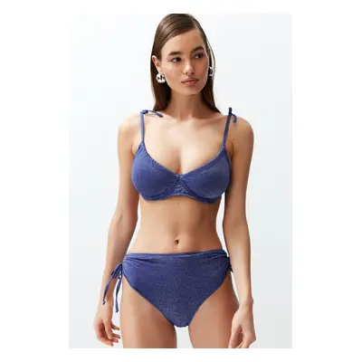 Trendyol Navy Blue Balconette Tie-Up Silvery High Waist Hipster Bikini Set