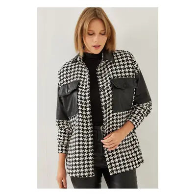 Bianco Lucci Women's Houndstooth Patterned Leather Garnished Stamp Shirt