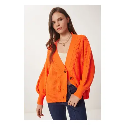 Happiness İstanbul Women's Orange Braided Balloon Sleeve Loose Knitwear Cardigan