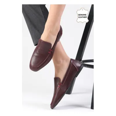 Mio Gusto Aria Genuine Leather Claret Red Color Flat Toe Women's Loafer Shoes