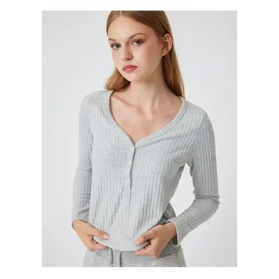 Koton V Neck Pajama Top Buttoned Long Sleeve Soft Texture