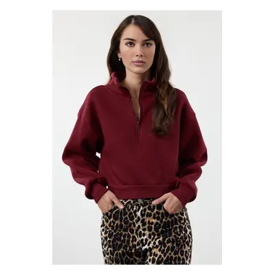 Trendyol Claret Red Casual Cut Crop Zippered Stand Collar Thick Polar Fleece Knitted Sweatshirt