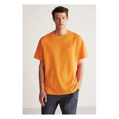 GRIMELANGE Jett Men's Oversize Fit 100% Organic Cotton Thick Textured Crew Neck Orange T-shirt