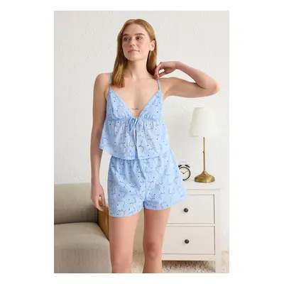 Trendyol Blue 100% Cotton Floral Lace Embroidered Woven Pajama Set