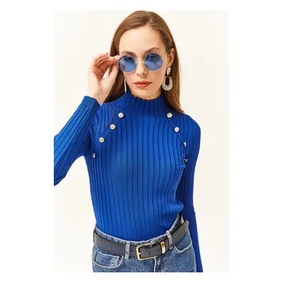 Olalook Women's Saks Blue Stand Collar Thick Ribbed Button Detailed Knitwear Blouse