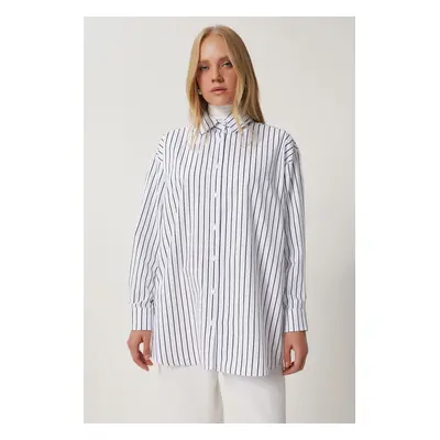 Happiness İstanbul Women's White Black Striped Oversize Long Woven Shirt