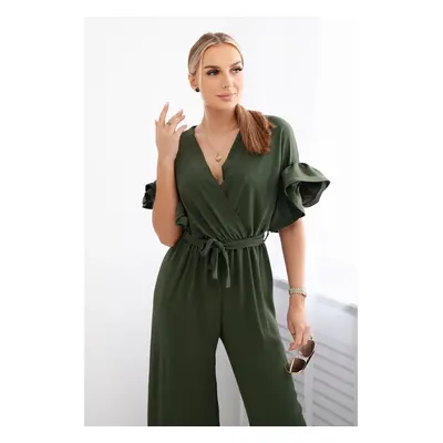 Włoski Jumpsuit tied at the waist with decorative sleeves khaki