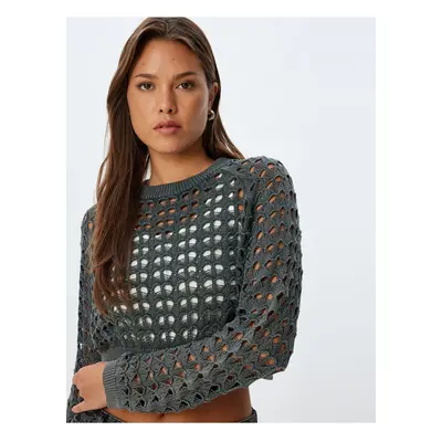 Koton Crop Openwork Knitwear Sweater Long Sleeve Round Neck