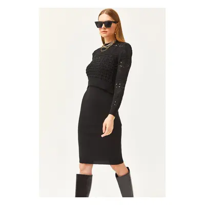 Olalook Women's Black Thin Strappy Knitwear Dress Openwork Sweater Suit