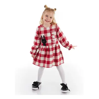 Denokids Black Rabbit Red Plaid Girl's Dress with Elastic Sleeves