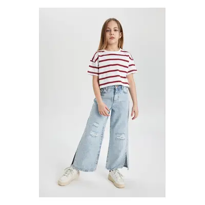 DEFACTO Girl's Crew Neck Cotton Striped Short Sleeve T-Shirt