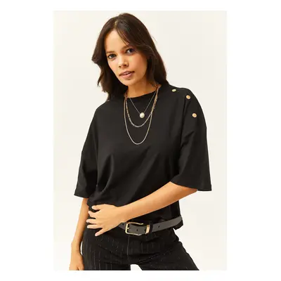 Olalook Women's Black Shoulder Gold Buttoned Cotton T-Shirt