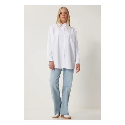 Happiness İstanbul Women's White Oversize Long Woven Shirt