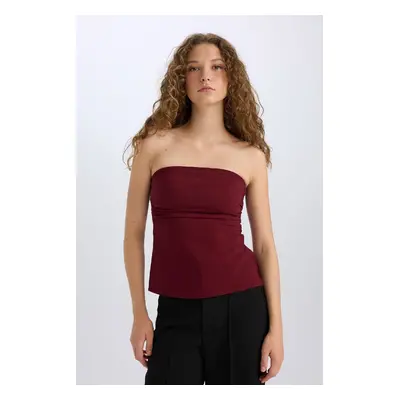 DEFACTO Fitted Bengal Basic Straight Strapless Burgundy Blouse