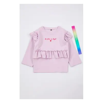 Trendyol Lilac Girl Slogan Printed Ruffle Detailed Knitted Sweatshirt